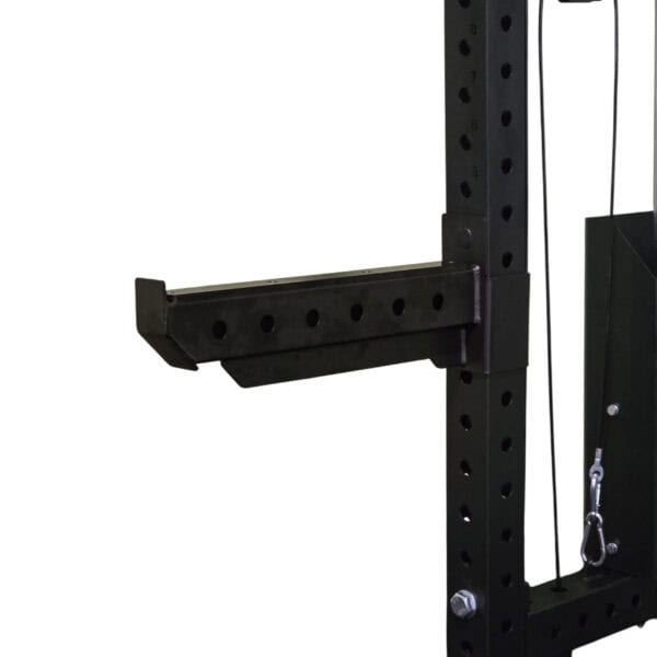 Heavy-duty spotter arm attachment on power rack for weightlifting and gym training