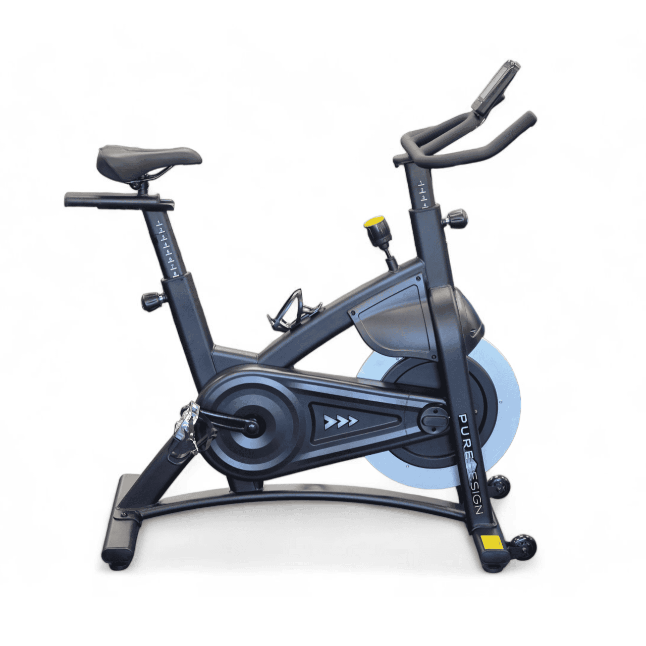 Side view of Pure Design indoor spin bike with adjustable seat and handlebars